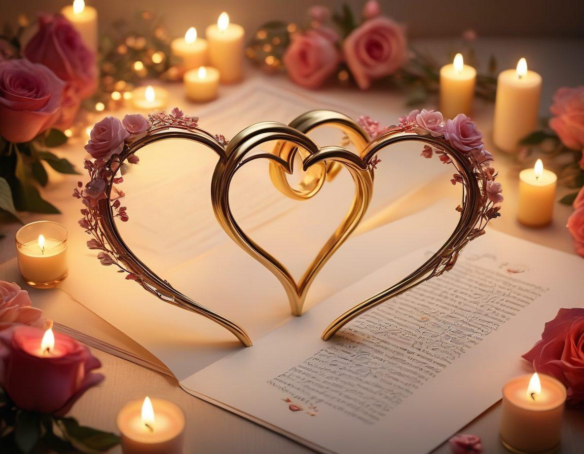 An intertwined pair of hearts surrounded by a soft glow, with delicate flowers and candlelight in the background. Incorporate symbols of love, like roses and love letters, with subtle hints of warmth in the color palette. The scene should evoke feelings of intimacy and connection, inviting viewers to embrace the idea of dating and lasting affection. super-realistic. romantic. warm colors. soft focus.