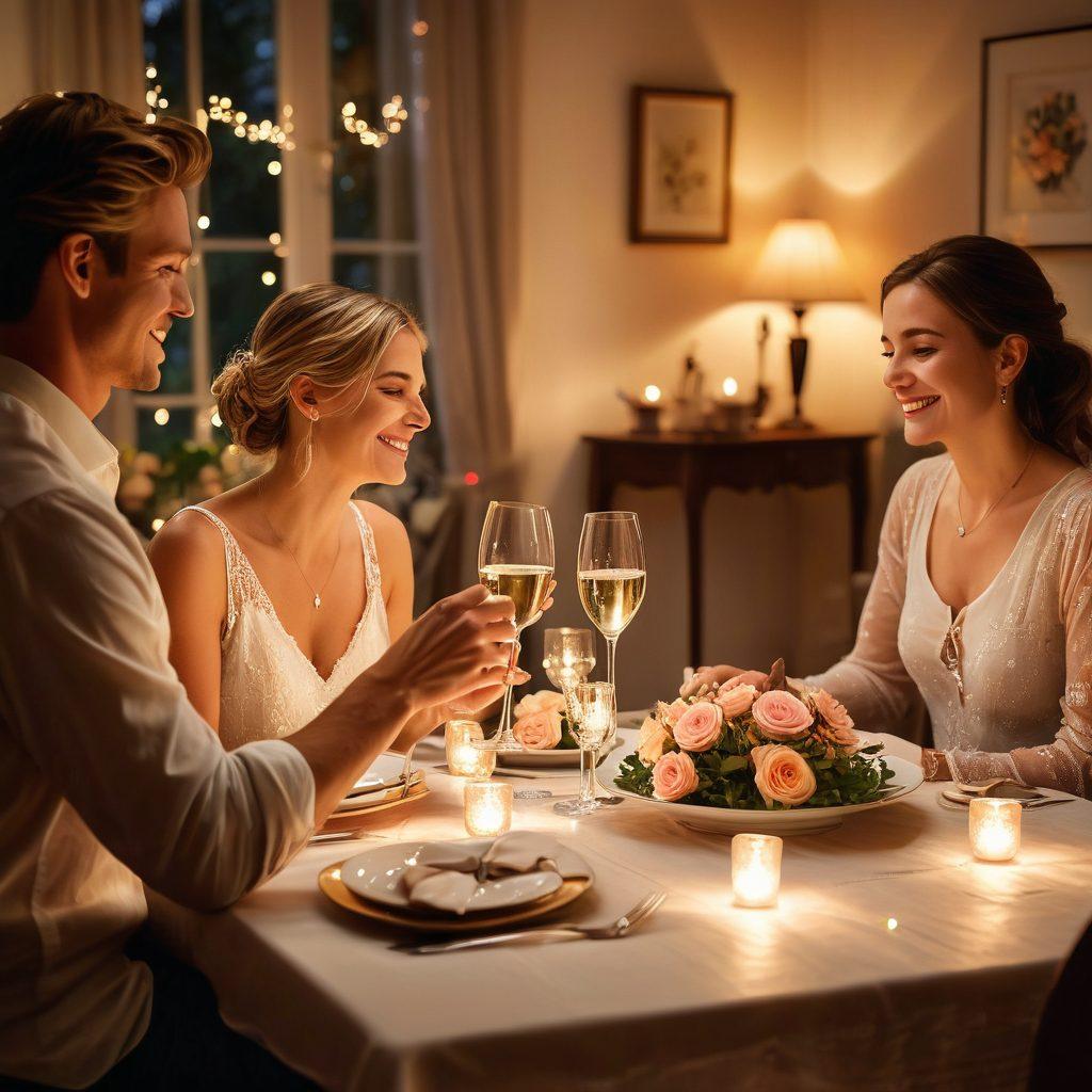 A candlelit dinner table set with elegant dishes and wine glasses, surrounded by soft, glowing lights to create a romantic ambiance. In the background, a couple is sharing a tender moment, with smiles and laughter, symbolizing trust and intimacy. The scene captures the warmth of a cozy home, with flowers and heart-shaped decorations subtly arranged around. Soft pastel colors and blurred edges to evoke warmth and emotion. super-realistic. vibrant colors.